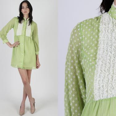 Vintage 70s Lime Green Lace Dress / Mod Inspired Tuxedo Ruffle Bib / 1970s Velvet Striped Lounge Dress / One Single Hip Pocket Mini Dress 