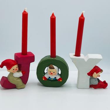 Vintage  Joy Elf Trio Candle Holders Christmas Figurines 