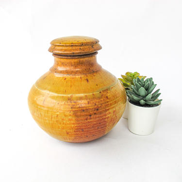 Vintage Hand Made Vibrant Yellow and Burnt Orange Speckled Pot with Lid 