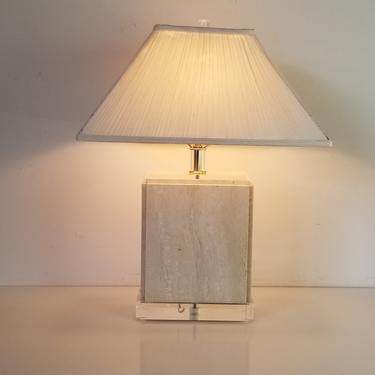 80&#39;s Postmodern Italian Travertine Marble and Lucite Table Lamp 