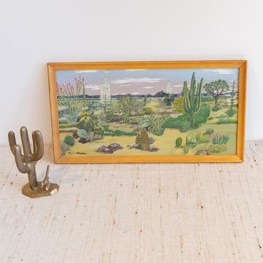 Small Rectangular rustic Wood Framed desert Cactus Oil Acrylic Landscape Painting 