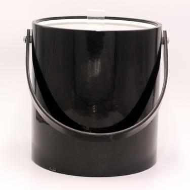vintage Morgan shiny black ice bucket with lucite lid and handle 
