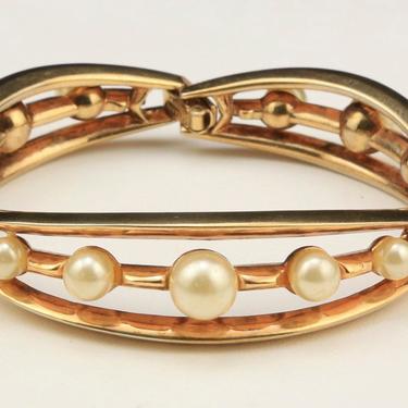 Vintage Trifari Faux Pearl and Gold Tone Hinge Bracelet Retro Jewelry 