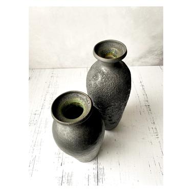 SHIPS NOW- Seconds Sale- set of 2 Ceramic Vases Glazed in Black Slate Matte with Cratering by Sara Paloma stoneware primitive textural 