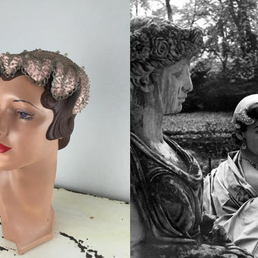 Venus Visits A Garden - Vintage 1950s Pale Pink Satin & Beaded Cocktail Claw Caplet Hat 