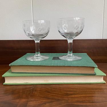 Set of 2- Vintage Cordial Cocktail Glasses, Etched Dot Pattern 