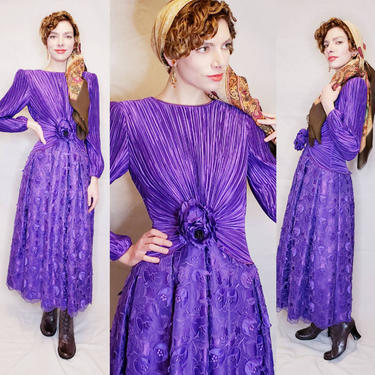 1980s Fortuny Style Pleated Dress / 80s Purple Georges F. Couture Gown Evening Party Dress with Long Sleeves Embroidered Lace Skirt / 6 