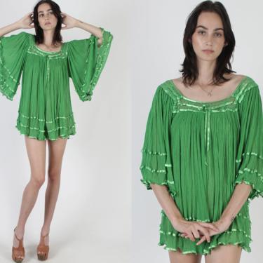 Lime Green Cotton Gauze Micro Mini Dress / Vintage Mexican Crochet Kimono / Angel Bell Sleeve See Through Sun Vacation Cover Up Dress 