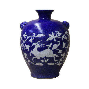 Handmade Ceramic Blue White Dimensional Deer Pattern Vase Jar cs5032E 