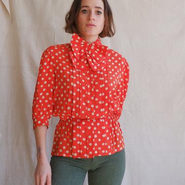 Vintage 80s Spotted Bow Blouse/ 1980s Orange White Polka Dot Cinched Waist Top/ Size Medium 