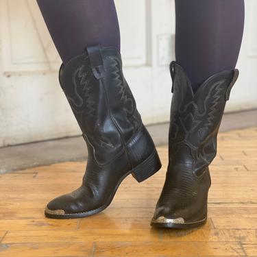 Vintage Laredo black vegan cowboy boots, faux snakeskin 