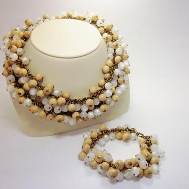 Collectible Designer 1950s Miriam Haskell Pastel Tones Wood & Faux Mother of Pearl Necklace and Bracelet Demi Parure Set with Brass Findings 