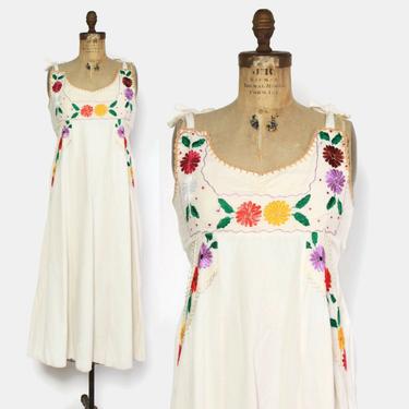 Vintage 70s Embroidered Sun Dress / 1970s Ivory Cotton Belted Midi Dress by luckyvintageseattle