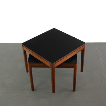 Two Mid Century Drexel Declaration Side Tables with Black Laminate Tops 