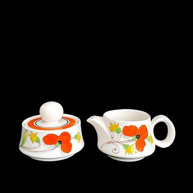 Vintage 1960s Mid Century Modern Hand Painted Italian Pottery Creamer &amp; Sugar Bowl with Floral Theme MANCIOLI K.13 and K.12  71/19 Italy 