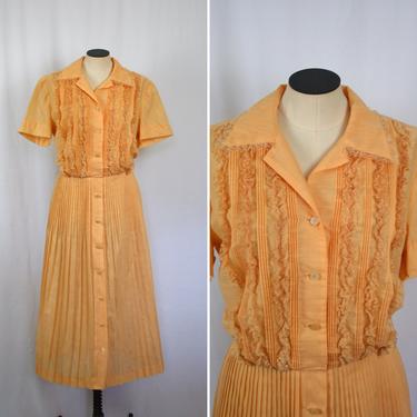 Vintage 50s shirtwaist dress | Vintage cotton peach shirtwaist dress | 1950s ruffle front orange pleated skirt shirt dress 