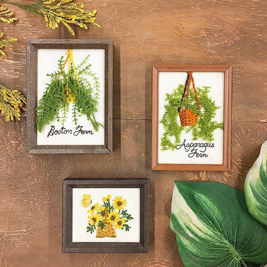 Vintage Plant Embroidery 1980's Retro Nature Inspired Fiber Art in Wood Frames with Cursive Writing and Bright Colors Set of 3 