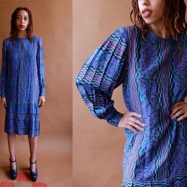 Vintage 80s Silk Pleated Mutton Sleeve Dress/ 1980s UMI for Anne Crimmins Geometric Print Shift Dress with Puff Sleeves/ Size Small 