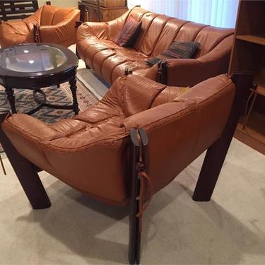 Rare Pair of Rosewood and Leather Benjamin Lafer Lounge Chairs