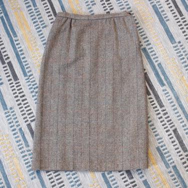 Vintage 1980s Tweed Skirt - Brown Wool Herringbone High Waist Skirt - L 