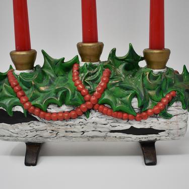 Vintage Ceramic Yule Log Christmas Candle Holder | Atlantic Mold Red Green Centerpiece Fireplace Decor | Kitsch Pottery | Holiday Decoration 
