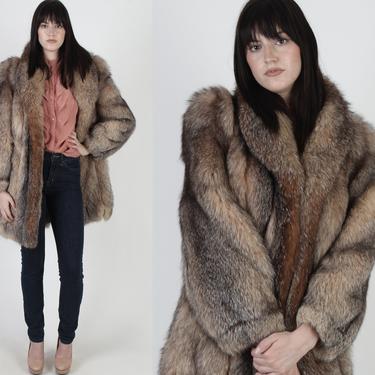 Crystal Brown Fox Fur Coat / Vintage Womens 80s Orange Cubby Fur Jacket / Plush Shawl Collar Stroller Jacket / Puffy Apres Ski Winter Coat 