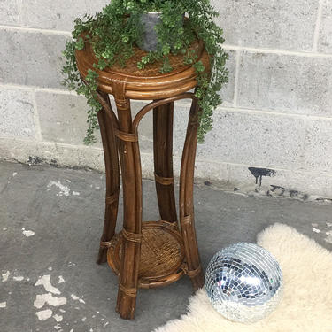 Vintage Plant Stand Retro 1990s Bohemian + Brown + Rattan and Straw + Tall + Two Tier + Indoor + Plant Display + Boho Home Decor + Furniture 