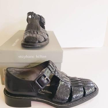 1990s Stephane Kelian Black/ Very Dark Navy Blue Leather Sandals / 90s Designer Shoes Woven Leather Flat Chunky Heel Original Box / 6.5/Kala 