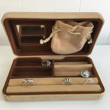Vintage Travel Jewelry Box Velvet Earring Ring Case Beige Tan Brown Gold Travel Hard Clamshell Retro Necklace Storage Earrings Mirror 
