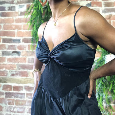 Vintage 1970s 1980s Satin Lacey Ruched Sheer Cut Out Spaghetti Strap Sleeveless Sexy Black  Maxi Night Slip Dress Gown Disco Bra Top 