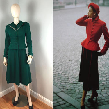 Set For Action - Vintage 1940s 1950s Dark Emerald Green & Ecru Wool Chevron Dress Suit Set 