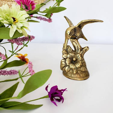 Vintage Brass Hummingbird on Flower Figurine 