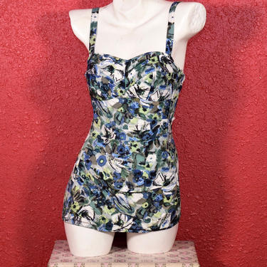 1950s 60s Maidenform Swimsuit Floral Draped One Piece 