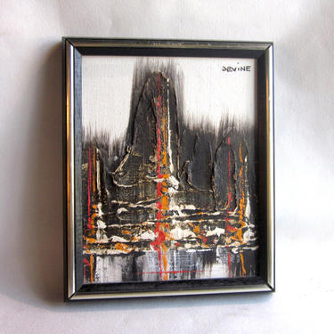 Vintage MCM Abstract Impasto Style Small Framed Acrylic on Canvas with Black and White Tones and Vibrant Red and Yellow Details 