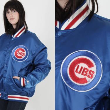 Vintage 80s Chicago Cubs MLB Baseball Starter Blue Satin Bomber Coat Jacket L 