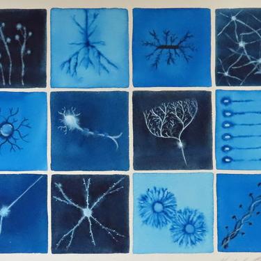 Deep Blue Brain Cells  - original watercolor painting of neurons - neuroscience art 