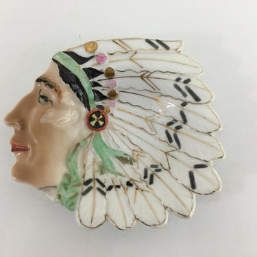 Vintage Native American Ring Dish Tray Catchall Trinket Dish Mid Century Porcelain Hand Painted Occupied Japan Chief Porcelain Head MCM 