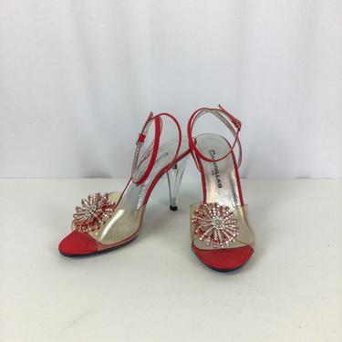 Vintage 80s shoes | Vintage red rhinestone floral peep toe  pumps | 1980s Cinderella’s strappy ankle high heel shoes 