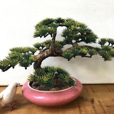 60's Artificial Bonsai Tree In Pink Ceramic Dish, Asian Decor, Mid Century Faux Bonsai Evergreen Tree In Pink Planter, 