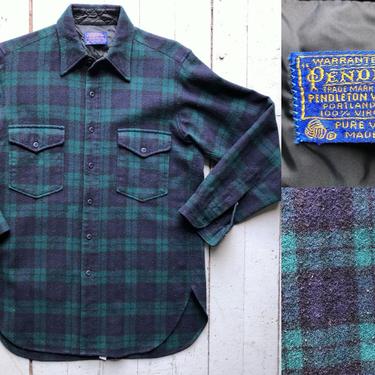 1970s Vintage Pendleton Green and Blue Plaid Wool Flannel - Men’s M/L - 15 1/2 by HighEnergyVintage