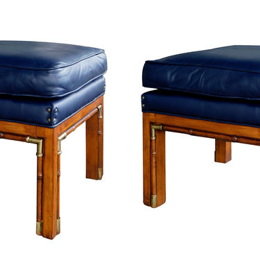 Pair of 1960's Square-form Faux Bamboo Beechwood Stools with Brass Mounts