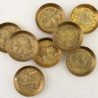 Set of 8 Etched Brass Coasters, Made in India, Floral Etched Drink Holder 