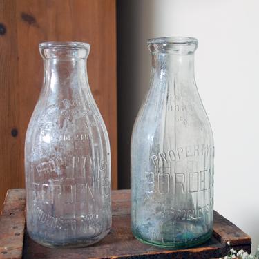 Borden's Eagle Brand antique milk bottles / 2 one quart glass milk bottles / rustic primitive farmhouse decor /  1900s Borden's milk bottle 