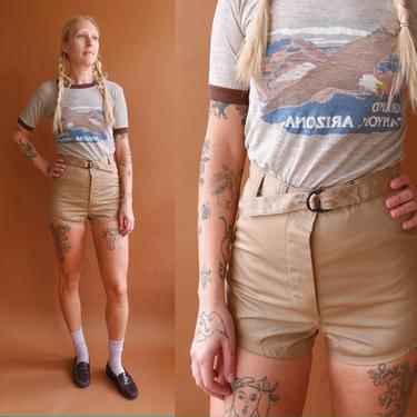 Vintage Army Issue Khaki Shorts/ High Waisted Belted Gym Shorts/Swimmers Trunks/ Size Small 28 