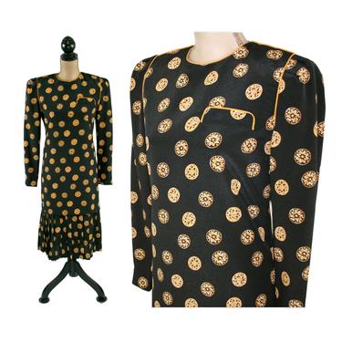 80s Black Long Sleeve Midi Dress Medium, Yellow Baroque Print Polyester with Shoulder Pads, 1980s Clothes Women, Vintage Clothing Leslie Fay 