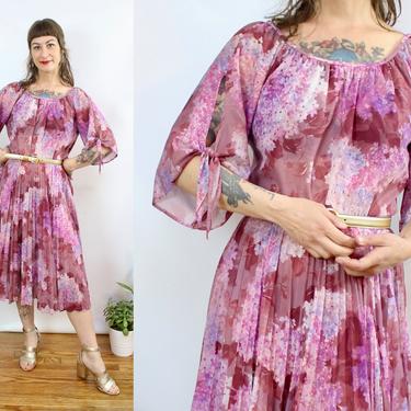 Vintage 70's Magenta hydrangea Dress / 1970's Floral Spring Summer Semi Sheer Dress / Women's Size Medium by Ru