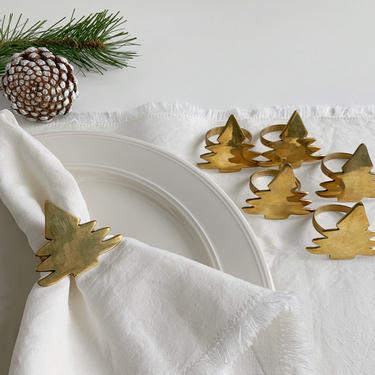 Set of 6 Brass Tree Napkin Rings, Gold Metal Pine Tree Napkin Ring Holders, Christmas Table Setting, Vintage Table Decor 