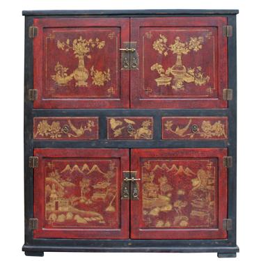 Chinese Fujian Black Red Golden Graphic Armoire Storage Cabinet cs4890S