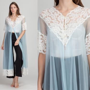 70s Le Voy Blue Lace Trim Peignoir Robe - Small to Medium | Vintage Maxi Negligee Dressing Gown 