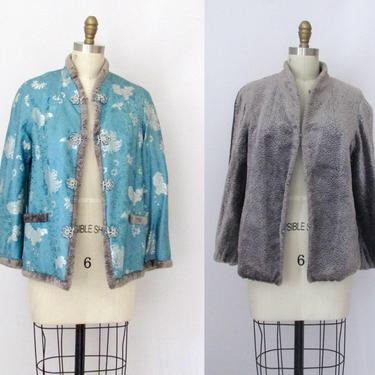 FINE CHINA Vintage 50s Chinese Reversible Jacket, 1950s Floral Chrysanthemum Brocade, Faux Persian Lamb | Asian Mandarin Collar Coat | Small 